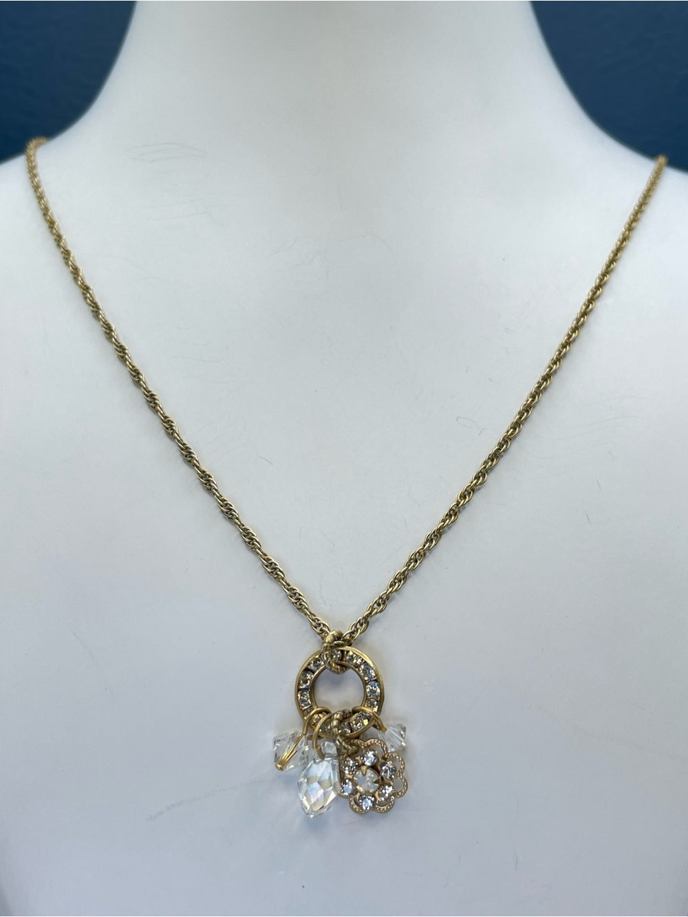 Liz Palacios Gold Tone Crystal Flower Charm Necklace Clear Beads